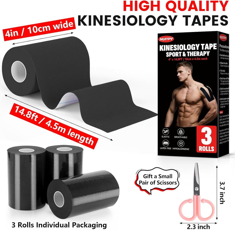 NUITPY 3 Rolls Kinesiology Tape, 4 inch x 14.8 Feet Waterproof Athletic Tape, Uncut Kinetic Tape, Elastic Muscle Tape, Sports Tape, Knee Tape for Exercise and Daily Use - Black - Image 2